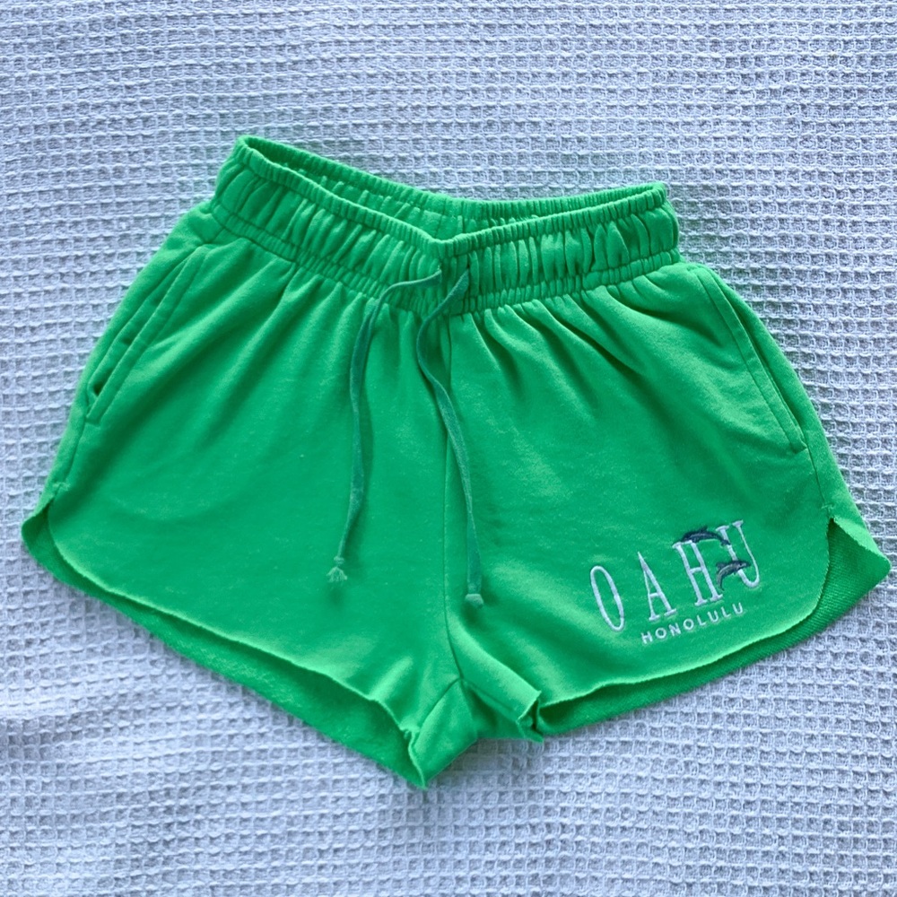 🐬 Green Oahu dolphin track shorts with elastic tie waist. Wild Fable. Sz Small